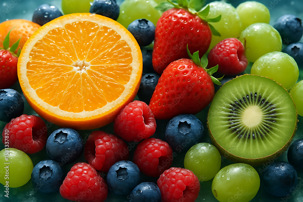 Vibrant Fresh Fruit Background Juicy Oranges, Strawberries, and Berries Vibrant Fresh Fruit Background Juicy Oranges, Strawberries, and Berries