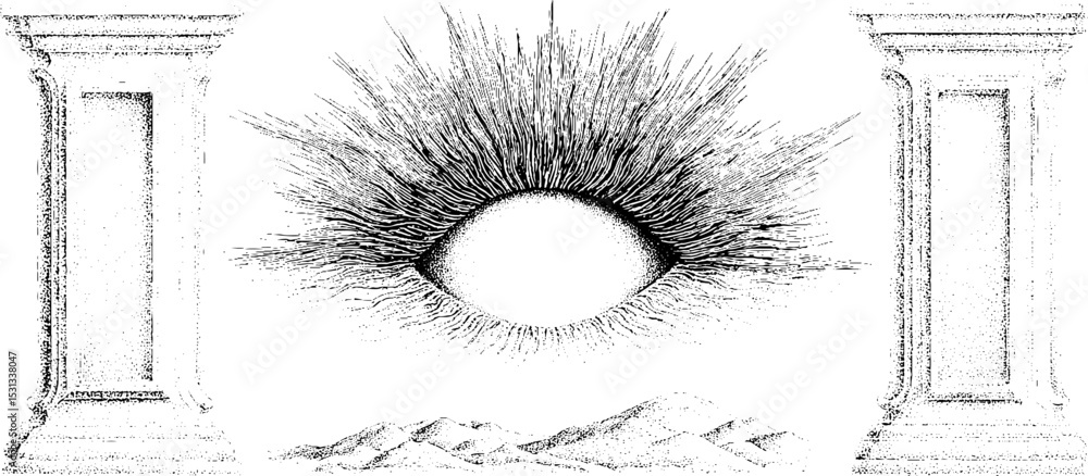 Obraz premium Surreal eye motif with jagged horizon and columns for artistic design