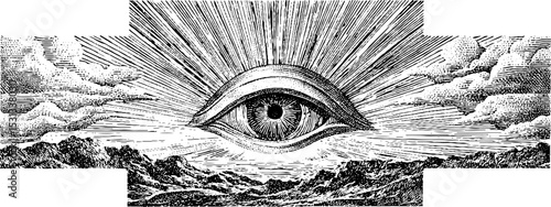 Surreal eye motif with jagged horizon and radiating lines imagery