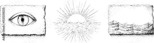 Surreal art set featuring eye motif and jagged horizon