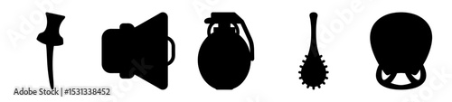 Collection of silhouette symbols including pin, megaphone, grenade, mace and helmet