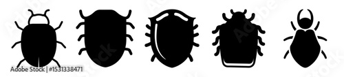 Black silhouette of five different beetle species isolated on white background