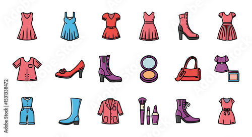 Vector icons Set of  Colorful Fashion Icons Dresses Boots Shoes and Makeup Essentials. Vector Illustrations