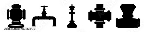 Five isolated black silhouettes of pipes, valves and chess piece on white