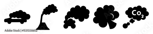 Black silhouettes of various sources emitting pollution and harmful greenhouse gases