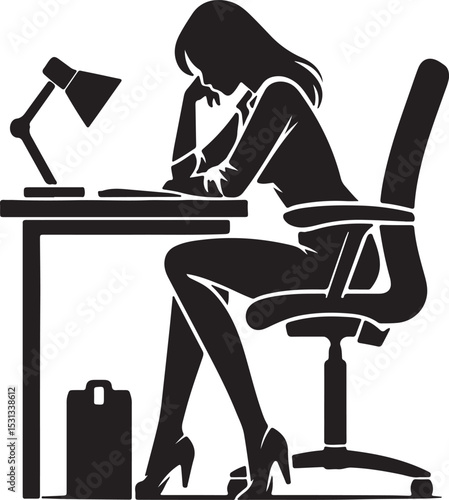 Silhouette of woman at desk with lamp and briefcase in black and white illustration style