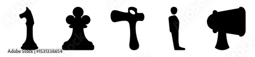 Silhouette Icons Depicting Chess Piece, Weapon, Person and Megaphone on White Background