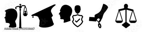 Conceptual icons of legal, justice, security, and individual rights symbolism set