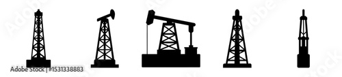 Black silhouettes of oil drilling and extraction platforms and derricks on white