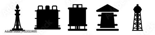 Silhouettes of Industrial Structures Depicting Oil Refining and Storage Infrastructure Concepts