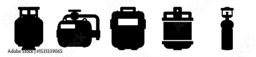 A black and white vector illustration showing five different types of gas cylinders