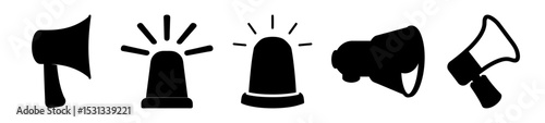 Black and white illustration of megaphones and emergency vehicle lights in a row