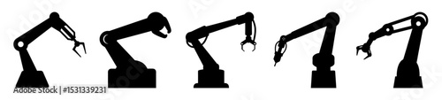 Five robotic arms in silhouette, showcasing industrial automation and design diversity