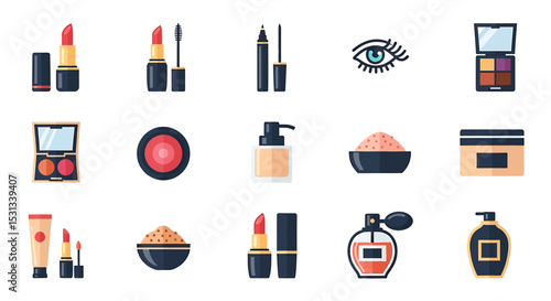 Vector icons Set of  Colorful Flat Icons of Various Makeup and Beauty Products. Vector Illustrations