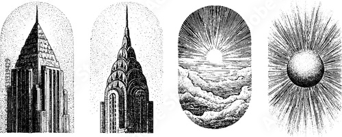 Stylized skyscraper silhouettes and sunrise scenes for design inspiration