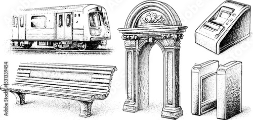 Urban transit elements: subway train, station map, and ticket machines
