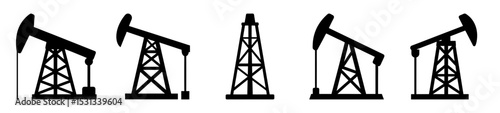 Silhouetted Oil Pump Jacks and a Drilling Rig on a White Background