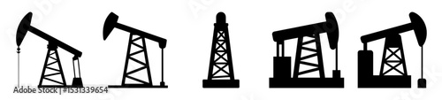 Collection of silhouettes depicting various oil drilling rigs and derricks