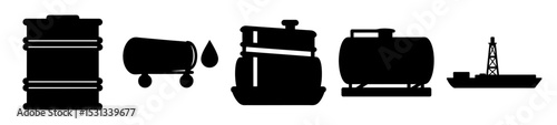 Oil industry related symbols depicted as silhouettes, indicating fossil fuel dependence