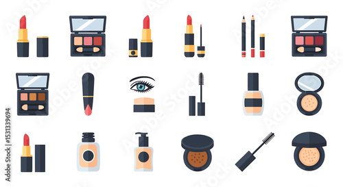 Vector icons Set of  Colorful Flat Icons of Various Makeup Products. Vector Illustrations