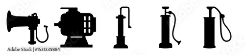 A collection of antique black silhouette pump and machinery illustrations on white