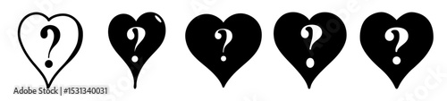 Variations of hearts containing question marks in black and white designs