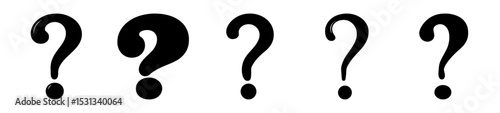 Five black question marks in a row on a white background