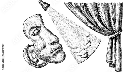 Dramatic theater mask with stage curtain and spotlight illustration