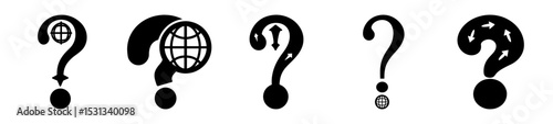 Diverse Question Marks with Globes and Arrows on a White Background