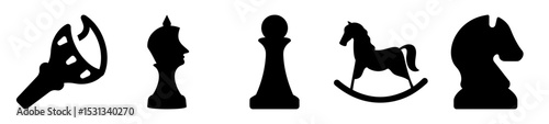 Silhouette of Chess Pieces and a Rocking Horse Toy on White Background