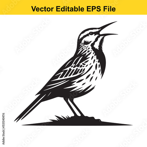 A black and white vector illustration of a singing skylark bird
