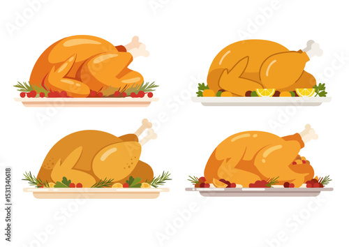 Roasted turkey on a serving platter with garnish in flat vector illustration