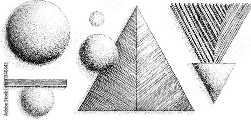 Geometric composition with tilted circle, parallel bars, and triangular shapes for creative design