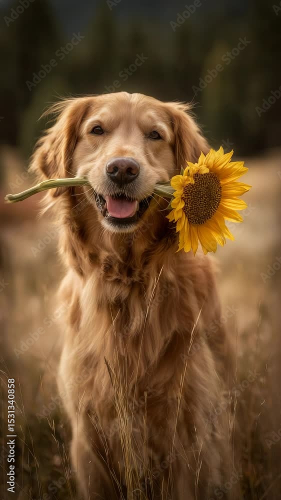 Golden retriever holding sunflower in field
Golden retriever holding sunflower in field