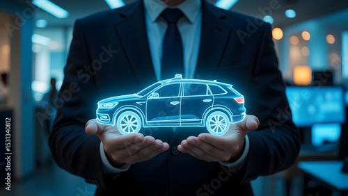 Presenting a futuristic digital car model, a glowing blue outline held gently in the hands of a businessman. Innovation and technology in the automotive industry.