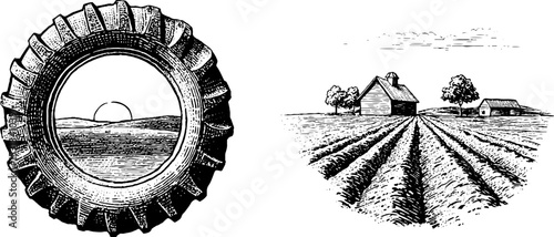 Rural farming scene with tractor tire tread and ploughed earth illustration
