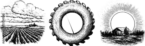 Rural landscape with tractor tyre, ploughed fields, and countryside elements for agriculture design