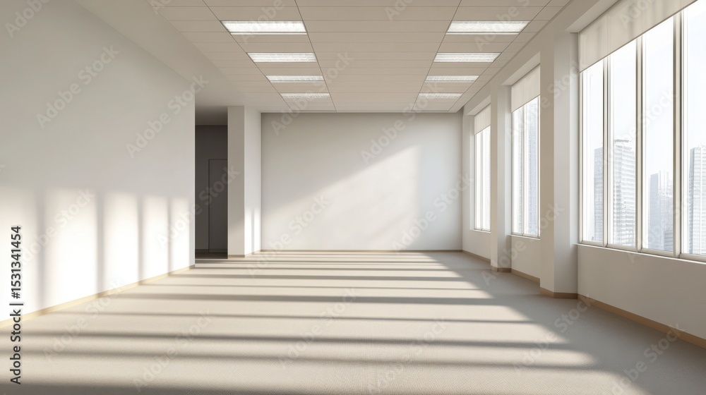 Fototapeta premium Empty office room with white walls, beige carpet, and floor-length blinds partially open, soft morning light entering through the windows