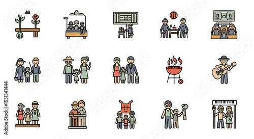 Vector icons Set of  Colorful Illustrated Icons Depicting Family Activities and Leisure Moments. Vector Illustrations