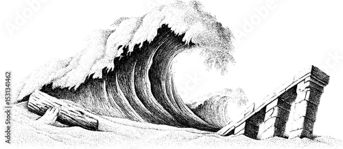 Tsunami wave impact on broken pier depiction for disaster awareness and educational use