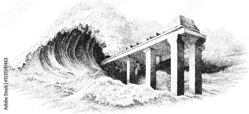Dramatic tsunami wave crashing against broken pier with powerful ocean forces