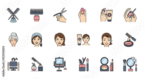 Vector icons Set of  Colorful Illustrated Icons of Beauty Salon Services and Makeup Application. Vector Illustrations