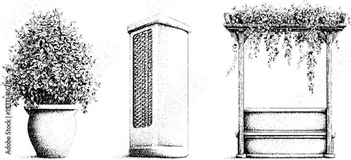 Modern vertical louvred screen and seating block design with greenery elements