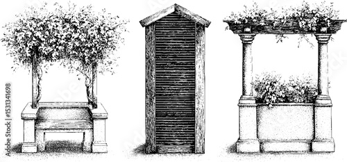 Architectural outdoor elements with vertical louvred screen and seating block