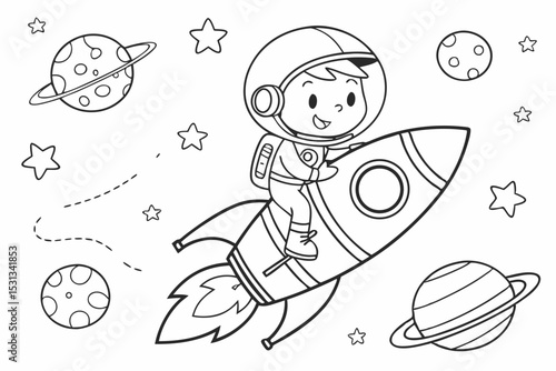 Cute Astronaut Riding Rocket Cartoon Vector Illustration. Coloring page of astronaut in space. Black and white vector illustration for coloring book