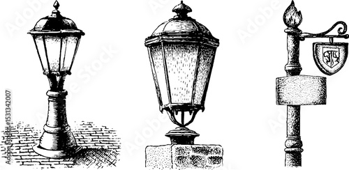 Victorian lamppost set on cobbled street - vintage architecture design for prints