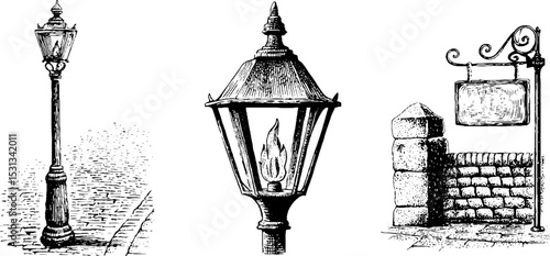 Victorian era lampposts and cobbled street design for historical themed projects