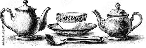 Elegant victorian tea set with silhouettes of teapots, cup, and sugar tong for vintage design