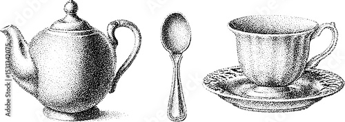 Elegant victorian tea set silhouette with teapot, teacup, saucer, and sugar tong for vintage design