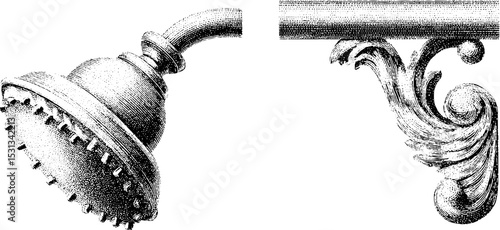 Vintage showerhead and ornate wall mount design for bathroom decor and architecture